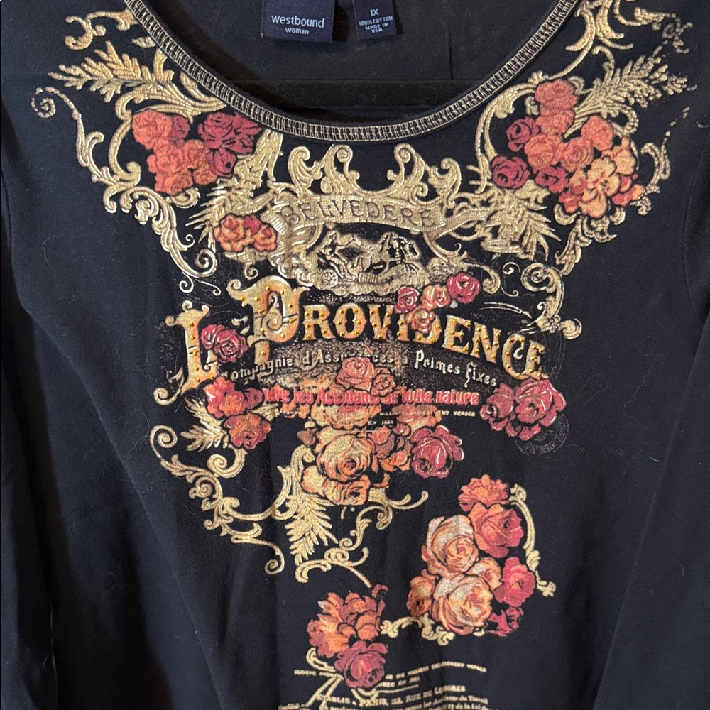 Westbound Black Tee with Gold Scrollwork and Pink Floral Print - Picture 2 of 5